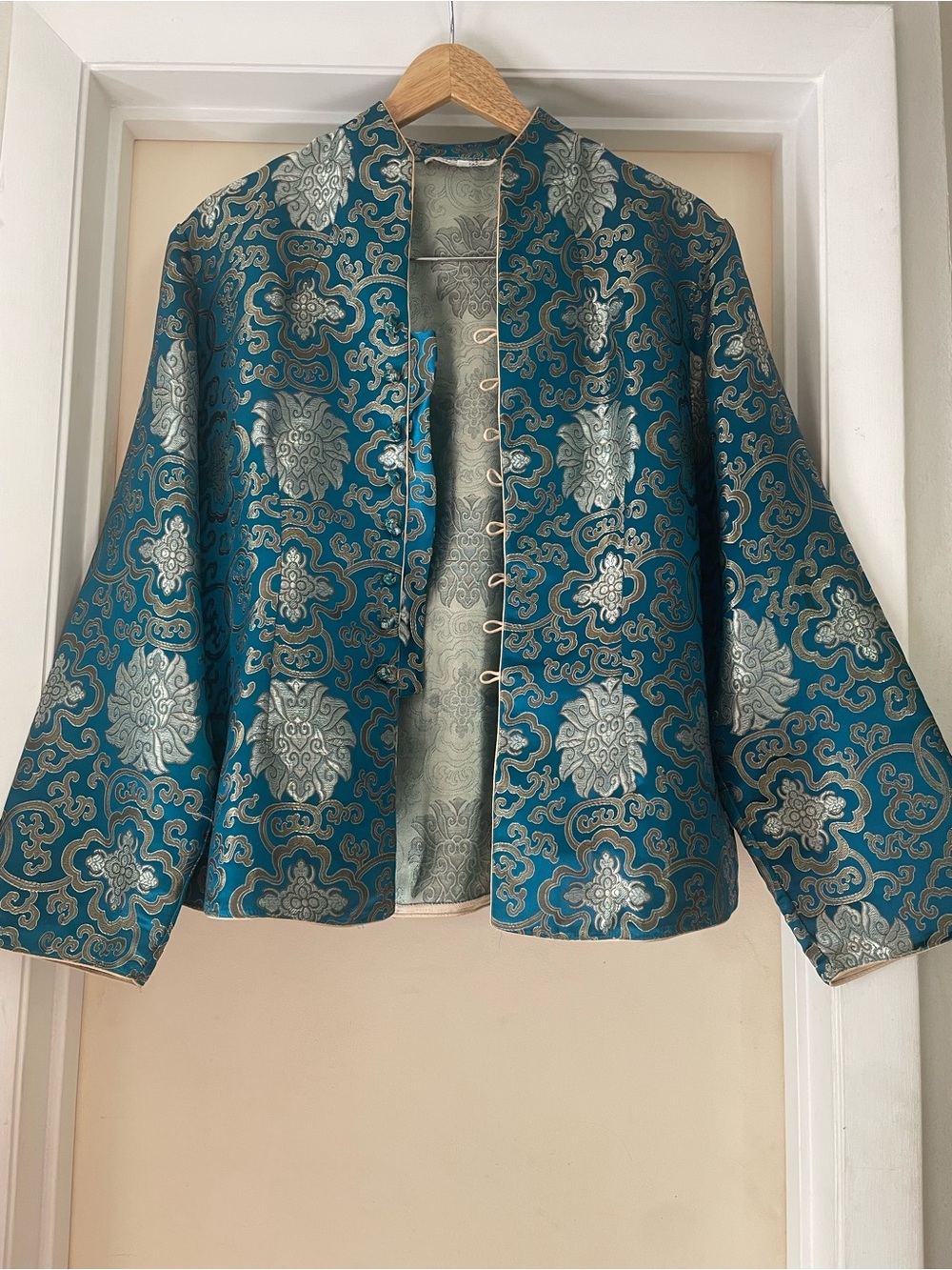 Teal Brocade Mandarin-Style Jacket Liongyu Vintage